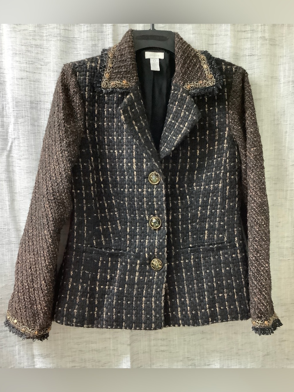 CHICO'S black/brown woven Luncheon Jacket, embellishment beads-Pretty! Size 0